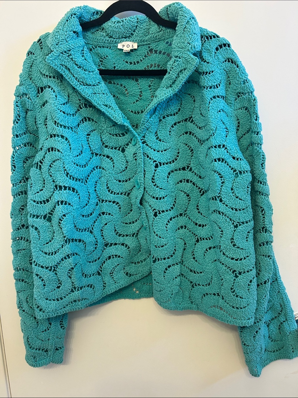 POL Teal Open-Knit Crochet Cardigan